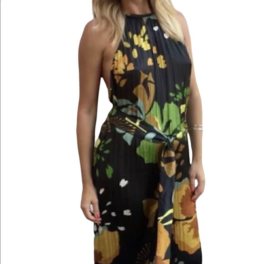 Suzanne Betro S Gray Floral Sexy Halter Accordion Flowy Flouncy Maxi Dress